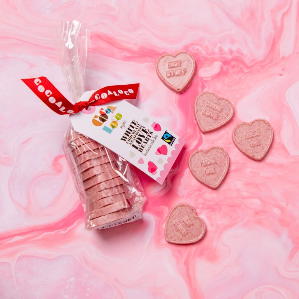 Cocoa Loco white chocolate and raspberry love hearts