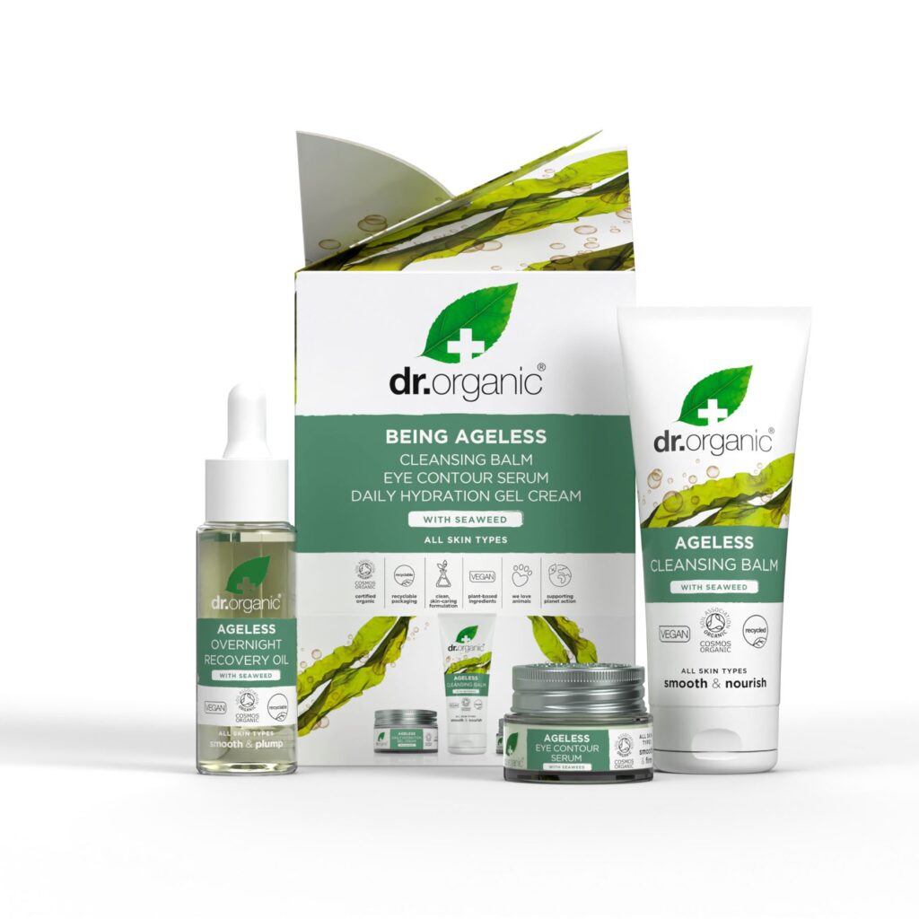 Box and contents of the Dr Organic being ageless gift set