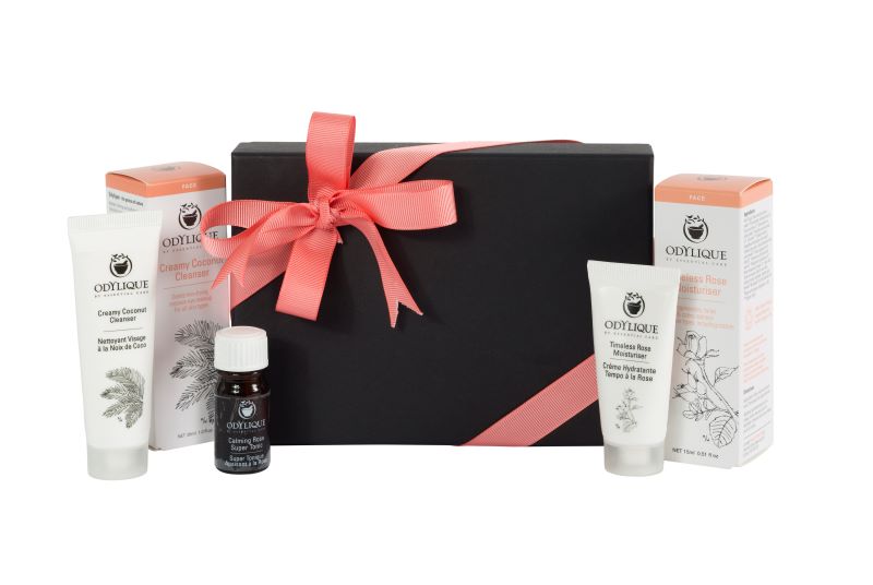 Odylique rose gift set contents displayed next to box