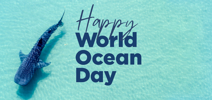 Image of the sea with a a whale and and some text saying happy world ocean day