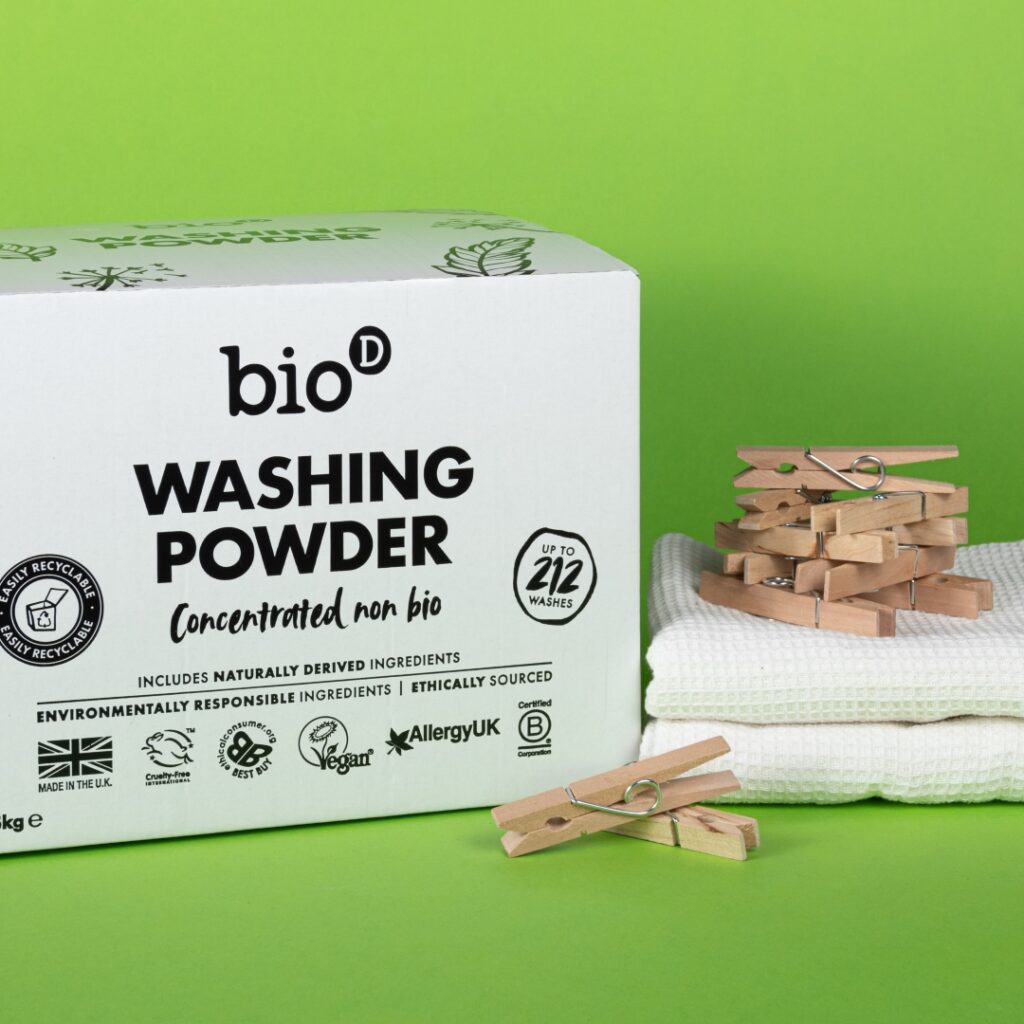 bio-d washing up powder against a lime green background