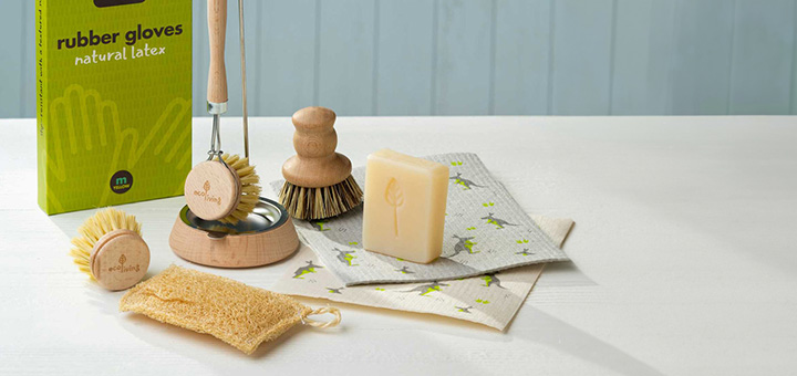 The ecoLiving cleaning starter set laid out on a table