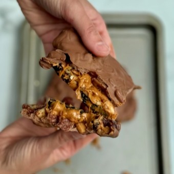 A close up of the finished date bark being held by two hands