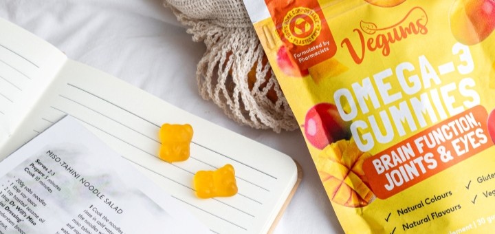 A partial close up of a Vegums Vegan Omega 3 Gummies Bag