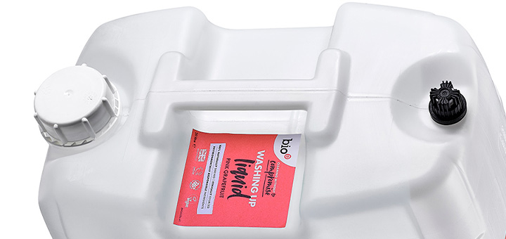 Close up of Bio-D washing up liquid 20L bottle