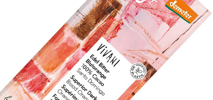 A close up of the Vivani Blood Orange Chocolate bar