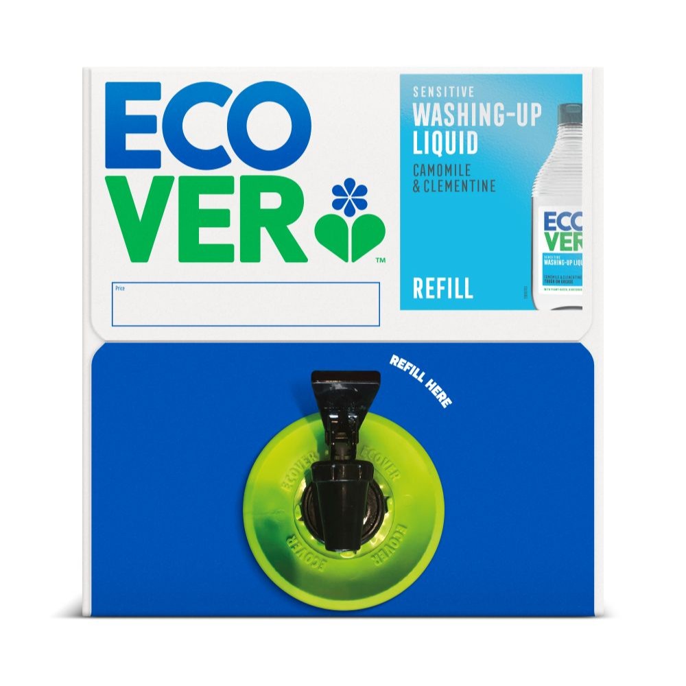 product shot of ecover washing up liquid bag in a box