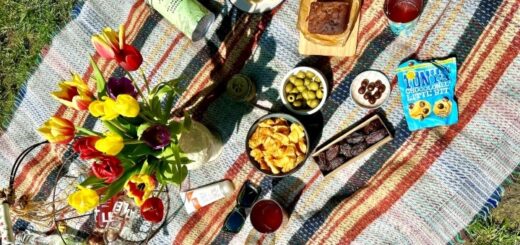A birds eye view of a picnic laid out on a picnic rug