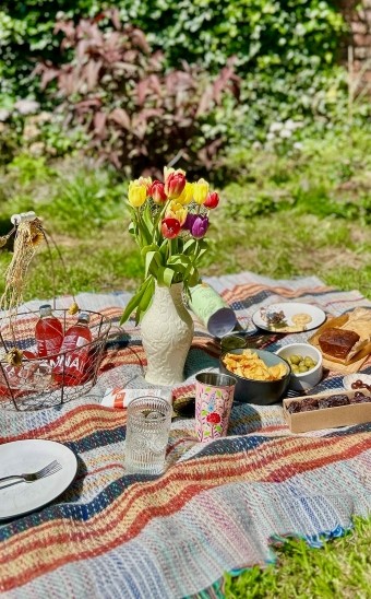 A picnic laid out on a rug on some grass