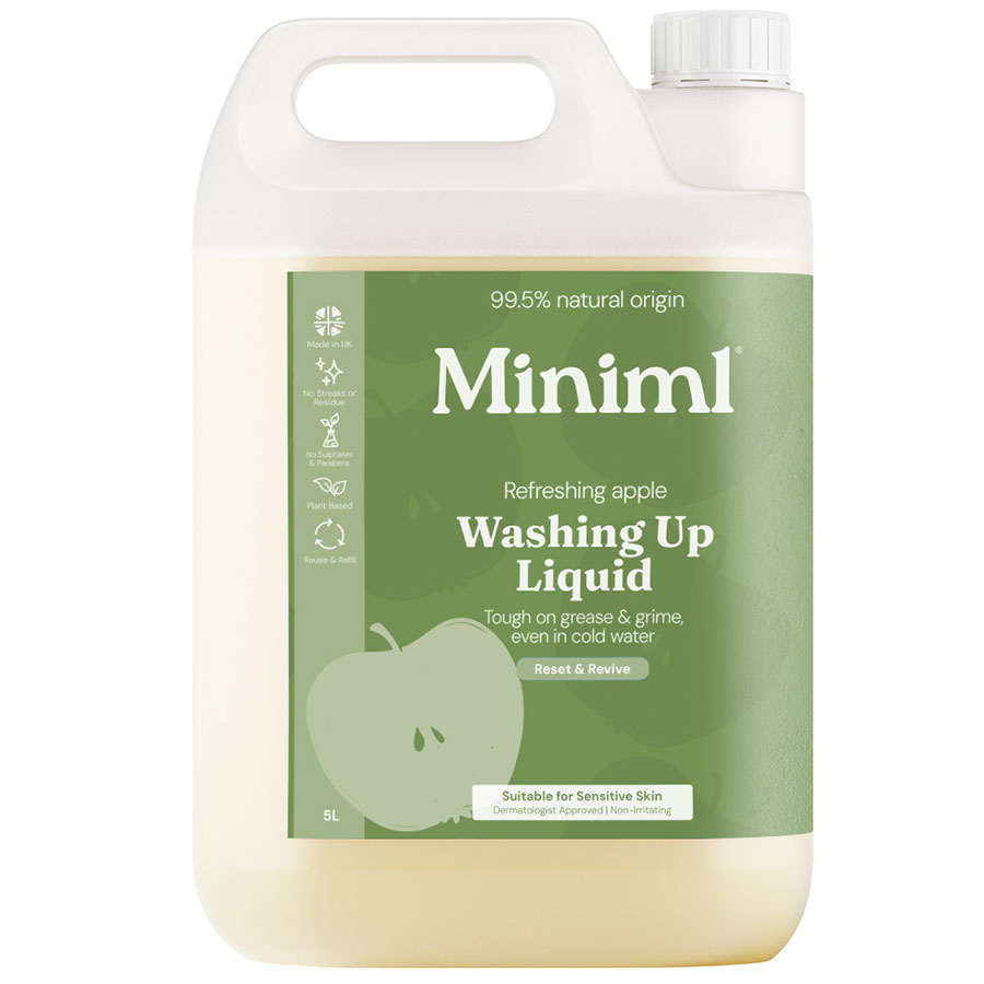 product shot of miniml 5l washing up liquid in apple orchard