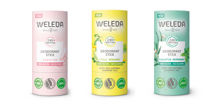 3 x Weleda deodorant sticks against a white background