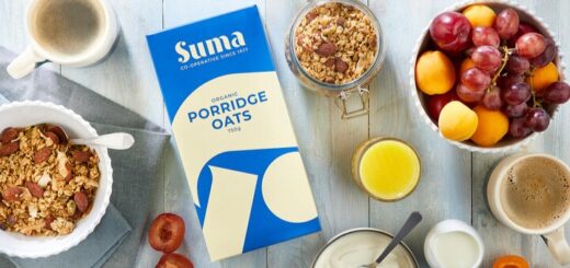 Suma Organic porridge oats on a table with other breakfast items